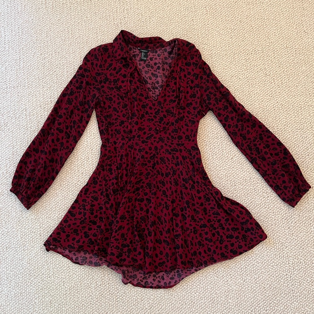 Deep Red and Black Floral Mini Dress